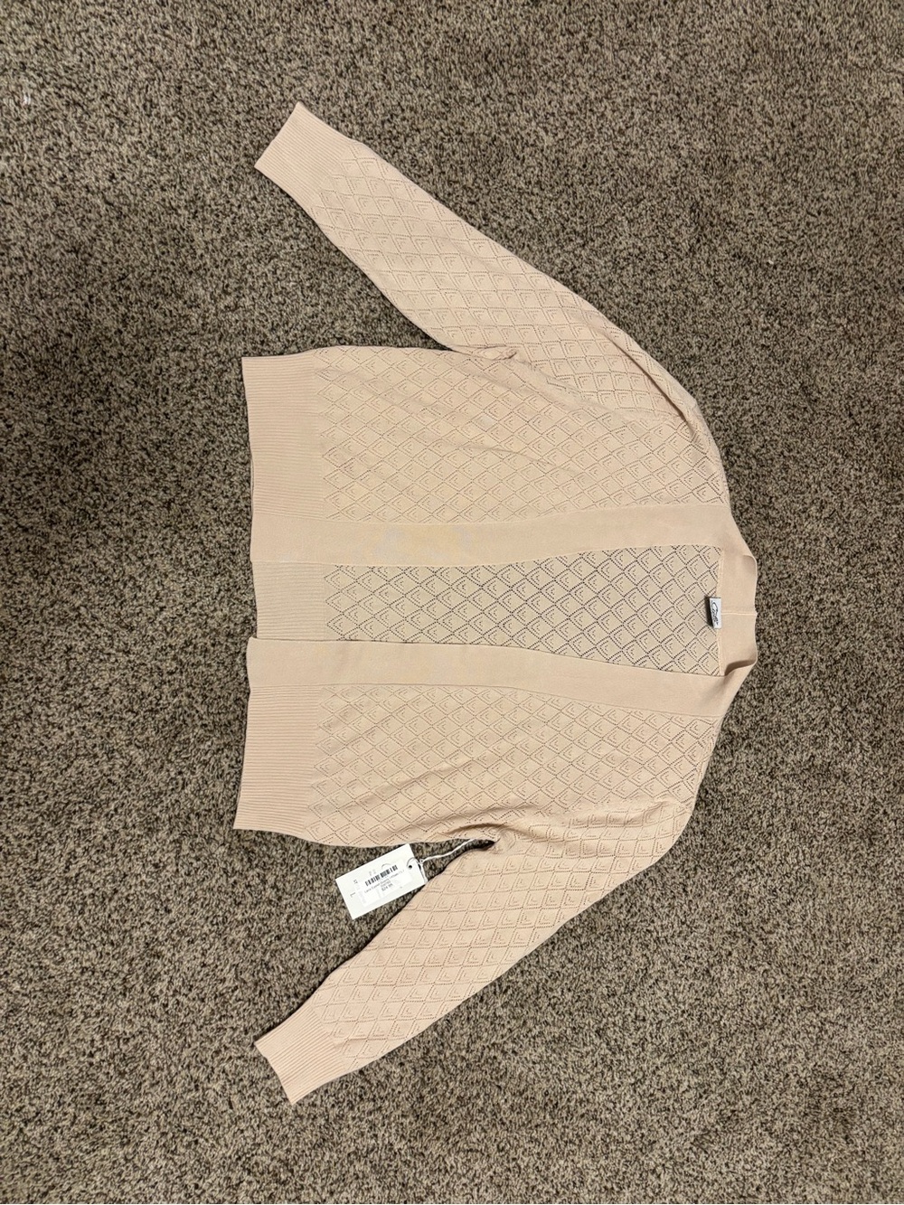 Light Beige Diamond-Knit Open Cardigan Sweater